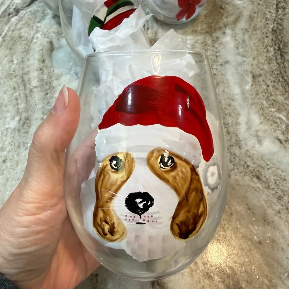 PIER 1 Holiday Christmas Festive Dogs Hand Painted Stemless Wine Glass Set/4 NEW